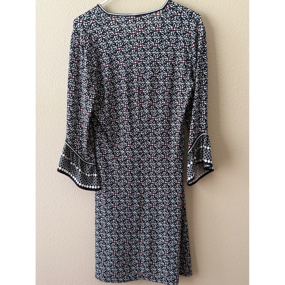 Max Studio Navy Blue Geometric Floral Bell Sleeve Shift Dress Medium - Picture 2 of 5